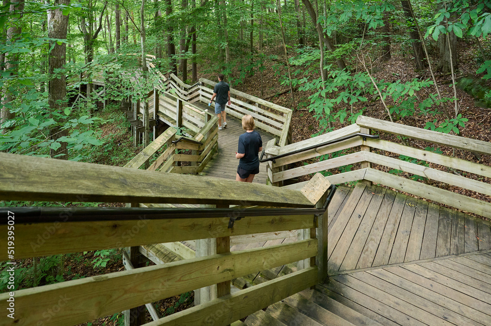 a man and a teenage girl are going down the wooden pathway with stairs on a forested hill in Western Virginia. It's a cloudy summer day.