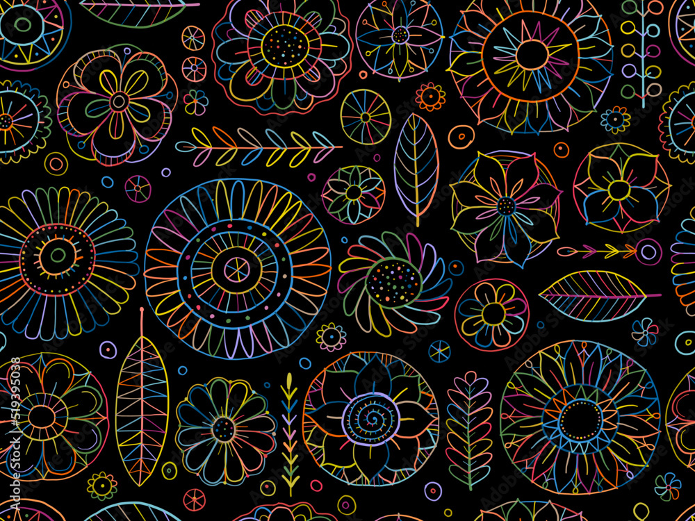 Fairy floral mandala background. Magic garden art. Seamless pattern for your design