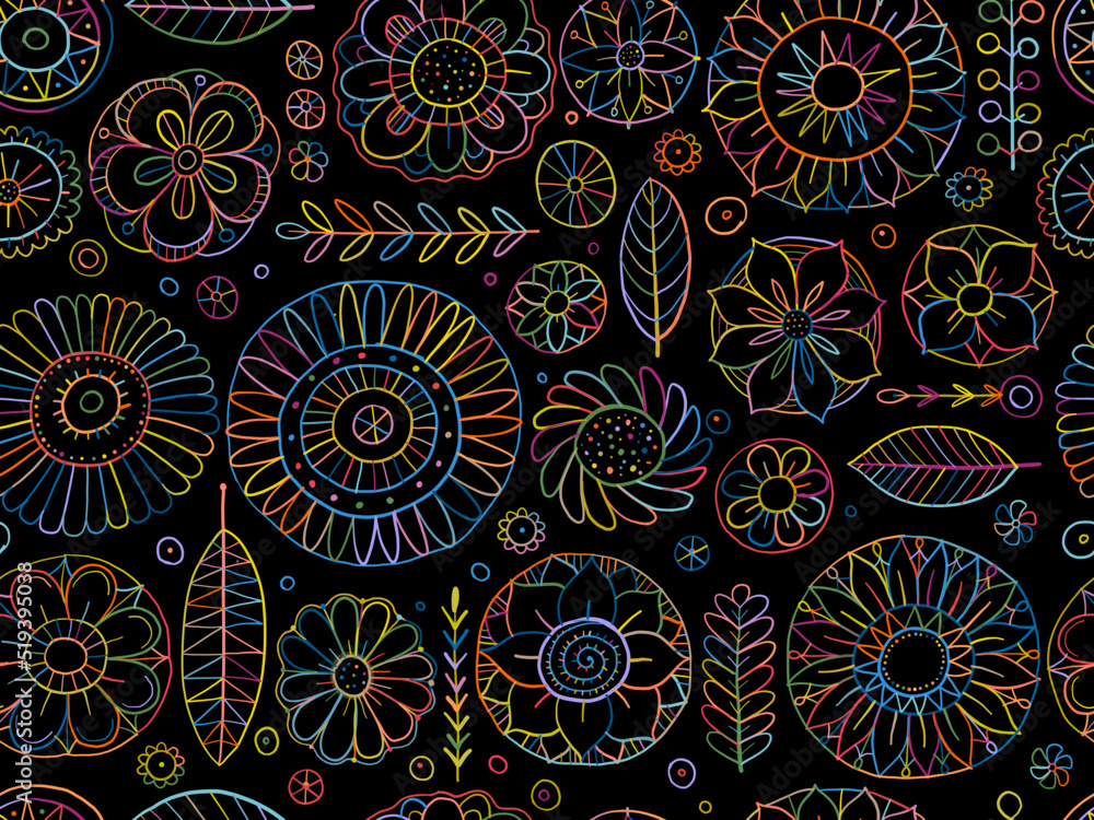 Fototapeta premium Fairy floral mandala background. Magic garden art. Seamless pattern for your design