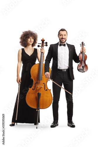 Elegant male and female musicians with a contrabass and a violin