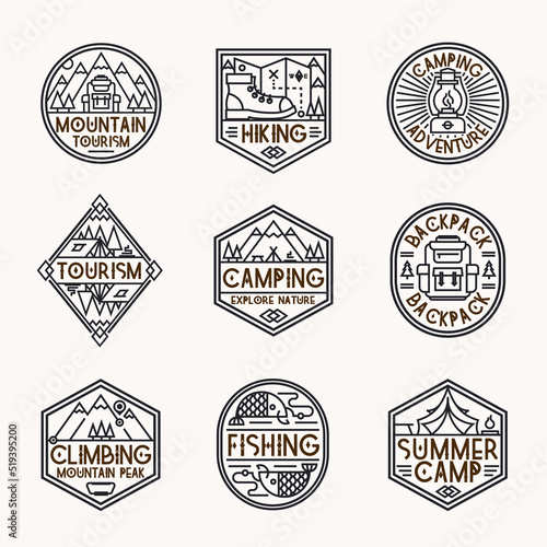 Camping logo set line style consisting of mountains, backpack, tent, fish, camp and trees for tourist symbol, travel badge, expedition label, explore emblem, hiking sticker, climbing, poster, banner