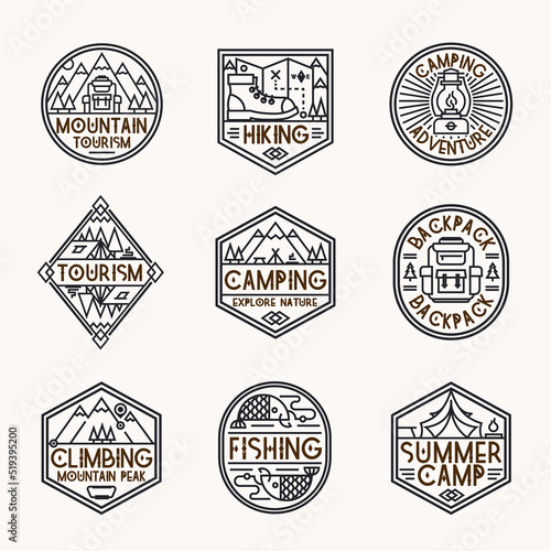 Camping logo set line style consisting of mountains, backpack, tent, fish, camp and trees for tourist symbol, travel badge, expedition label, explore emblem, hiking sticker, climbing, poster, banner