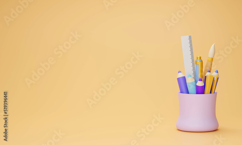 Colored pencils, ruler in basket isolated on yellow background. © MeepianGraphic