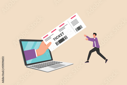 Happy businessman gets online ticket via laptop. Online ticket concept. Colored flat cartoon vector illustration.