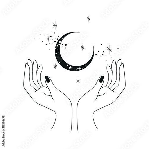 hands holding a moon in galaxy illustration - spiritual and mystical design - esoteric symbols