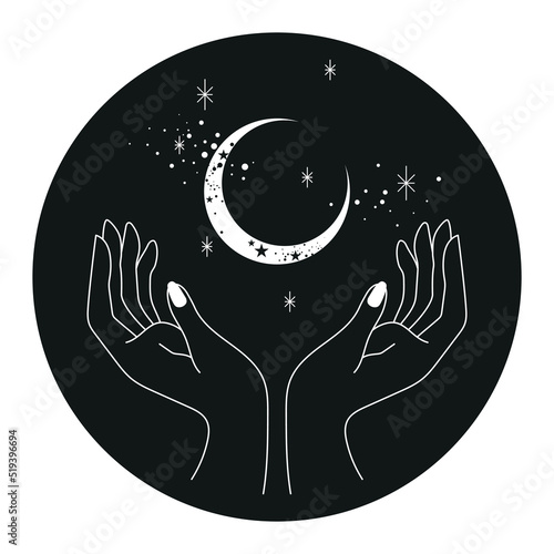 hands holding a moon in galaxy illustration - spiritual and mystical design - esoteric symbols