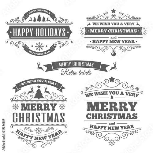 Merry Christmas vintage labels black color . Christmas ball, deer, sweets, fir -tree, ribbons, horns, and gift isolated on white background. Vector Illustration