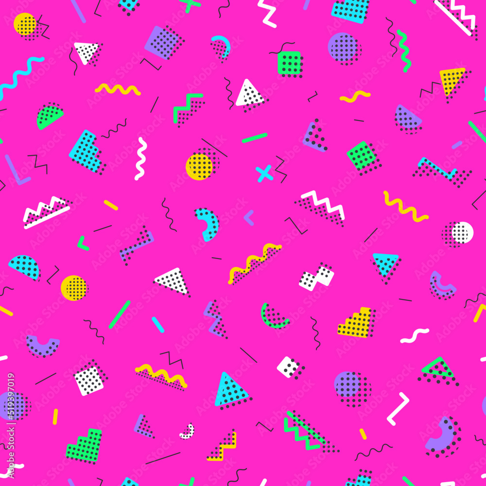 Memphis seamless pattern styles on pink background. Trendy memphis style. Colorful geometric seamless pattern different shapes color style. Hipster memphis style. Vector Illustration Memphis seamless pattern styles on pink background. Trendy memphis style. Colorful geometric seamless pattern different shapes color style. Hipster memphis style. Vector Illustration