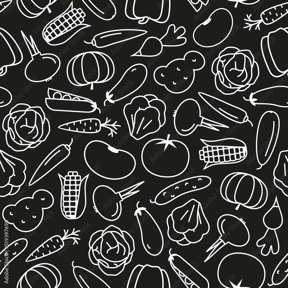 vegetable pattern line style on black background with bean, radish, pumpkin, tomato, chilli, cucumber, cabbage, potato, carrot, onion, corn, pepper for banner sale, logo, decoration. vector 10 eps vegetable pattern line style on black background with bean, radish, pumpkin, tomato, chilli, cucumber, cabbage, potato, carrot, onion, corn, pepper for banner sale, logo, decoration. vector 10 eps