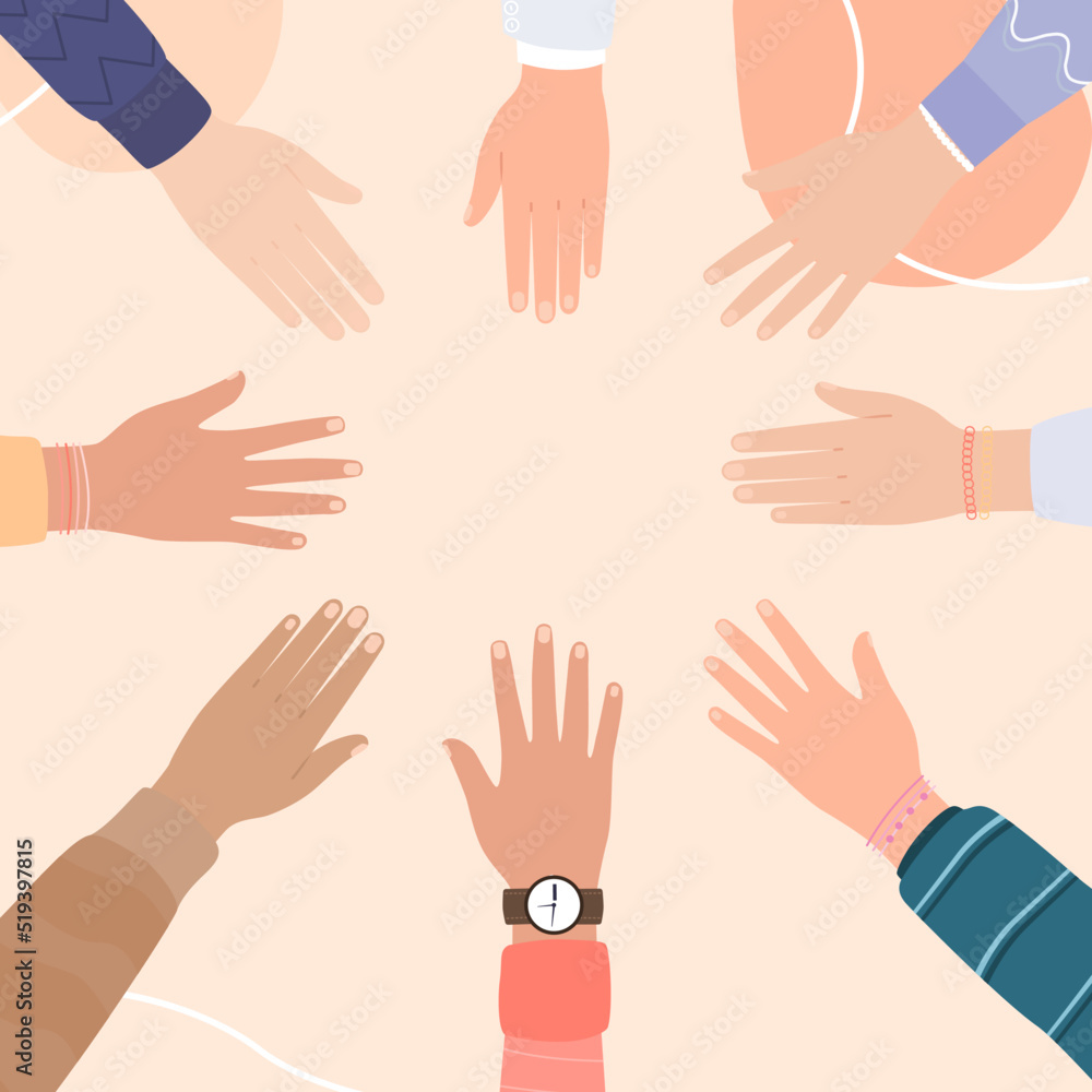 Diverse team putting their hands together; Friends with stack of hands showing unity and teamwork; top view. Vector flat illustration; unity; partnership; agreement; Teamwork concept.