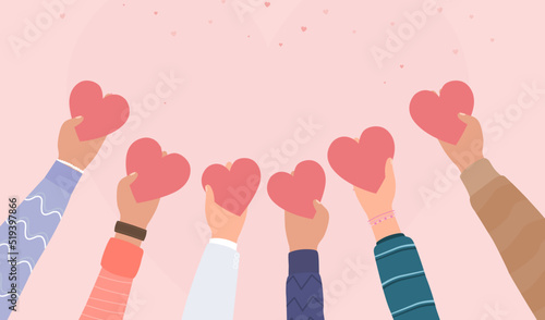 Hands holding hearts symbol for donation concept, Concept of charity and donation, Several people hold big heart synbol on their hands, People take care love, Give and share your love to people, coope