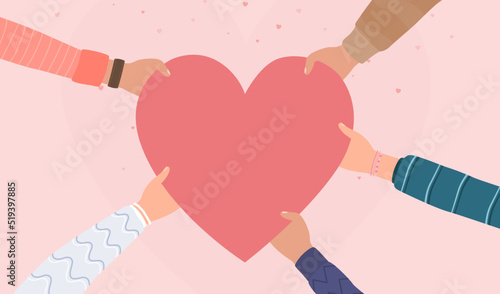 Hands holding hearts symbol for donation concept, Concept of charity and donation, Several people hold big heart synbol on their hands, People take care love, Give and share your love to people, coope