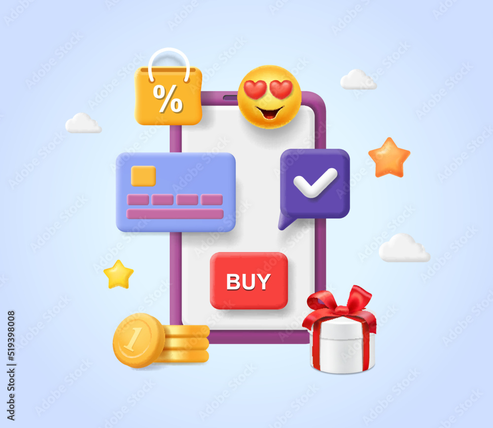 Shopping Online with mobile phone app. Mobile paying, online purchases, buying with bank card concept, 3d vector Shopping Online with mobile phone app. Mobile paying, online purchases, buying with bank card concept, 3d vector