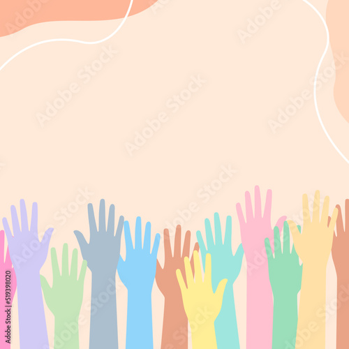 Social diversity concept, Hands up of different types of colors design, Teamwork, collaboration, voting concert, People raising hands in the air, Hands Diverse Diversity Ethnic Ethnicity Variation, In