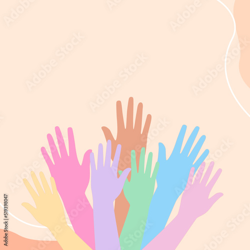 Social diversity concept, Hands up of different types of colors design, Teamwork, collaboration, voting concert, People raising hands in the air, Hands Diverse Diversity Ethnic Ethnicity Variation, In