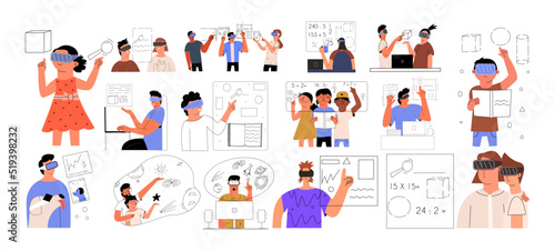 A big set of augmented reality interaction concepts. People in AR glasses study courses, work, play. Set vr scenes. Vector illustration in flat style