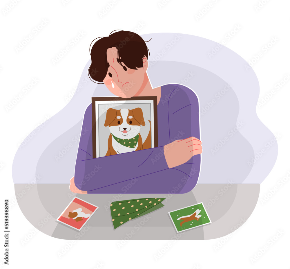 A man who misses his dead dog. Lost pet owner concept vector illustration. A man who misses his dead dog. Lost pet owner concept vector illustration.