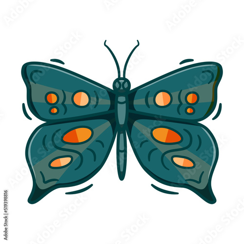 Fun cartoon butterfly vector illustration. Flat style insect with big colorful wings isolated on white background. Flying animal, abstract exotic insect. Outline with color print design