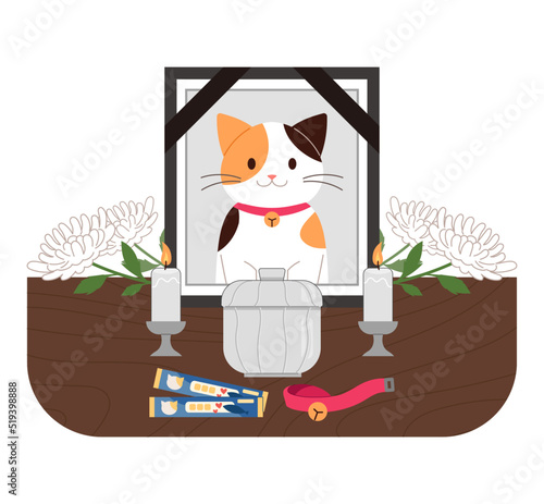 Funeral scene of a dead cat. The things the cat loved while he was alive, the cat's ashes box and chrysanthemums. Pet death concept vector illustration.