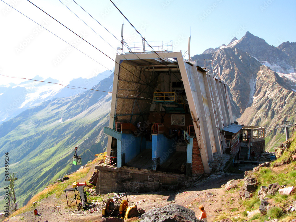 Terskol, Kabardino-Balkaria RUSSIA - August 14, 2007, cableway to climb Mount Cheget, place for loading and unloading passengers Terskol, Kabardino-Balkaria RUSSIA - August 14, 2007, cableway to climb Mount Cheget, place for loading and unloading passengers