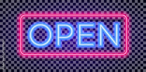 Vector neon open sign light style with colorful red frame on transparent background for shop, cafe, restaurant, banner, promotion, poster party. Bright signboard. 10 eps