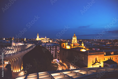 Seville view from Metropol Parasol. Setas de Sevilla best view of the city of Seville, Andalusia, Spain by night. photo