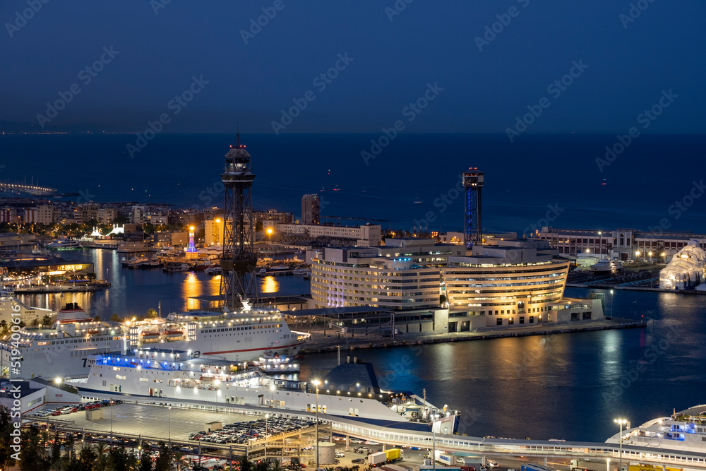 aerial view of Port Vell at sunset in Barcelona Spain