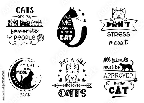Cat with quotes Set of cat signs, symbols, emblem badge. Funny kitten vector designs.