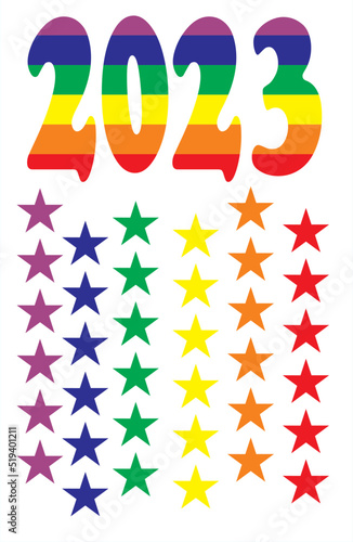 The inscription 2023. Vector LGBT pattern for T-shirt made for pride parade with pride elements. LGBT symbol in rainbow colors. photo