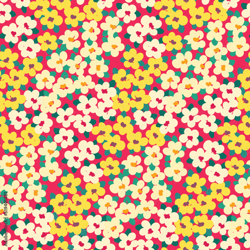 Seamless floral pattern, cute ditsy print with small flowers in liberty composition. Retro style botanical background with tiny hand drawn plants, white, yellow flowers, leaves on a red field. Vector.