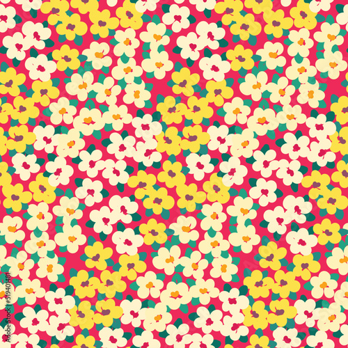 Seamless floral pattern, cute ditsy print with small flowers in liberty composition. Retro style botanical background with tiny hand drawn plants, white, yellow flowers, leaves on a red field. Vector.