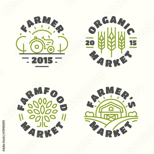 Organic and farm food market emblem set color line style isolated on background for farming  natural product company  healthy food shop  vegan cafe  eco store  nature firm  garden. Vector Illustration