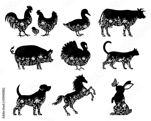 Farm animal silhouette with flower decorations. Floral animal, retro farm sign. farmhouse symbol, vector emblem.