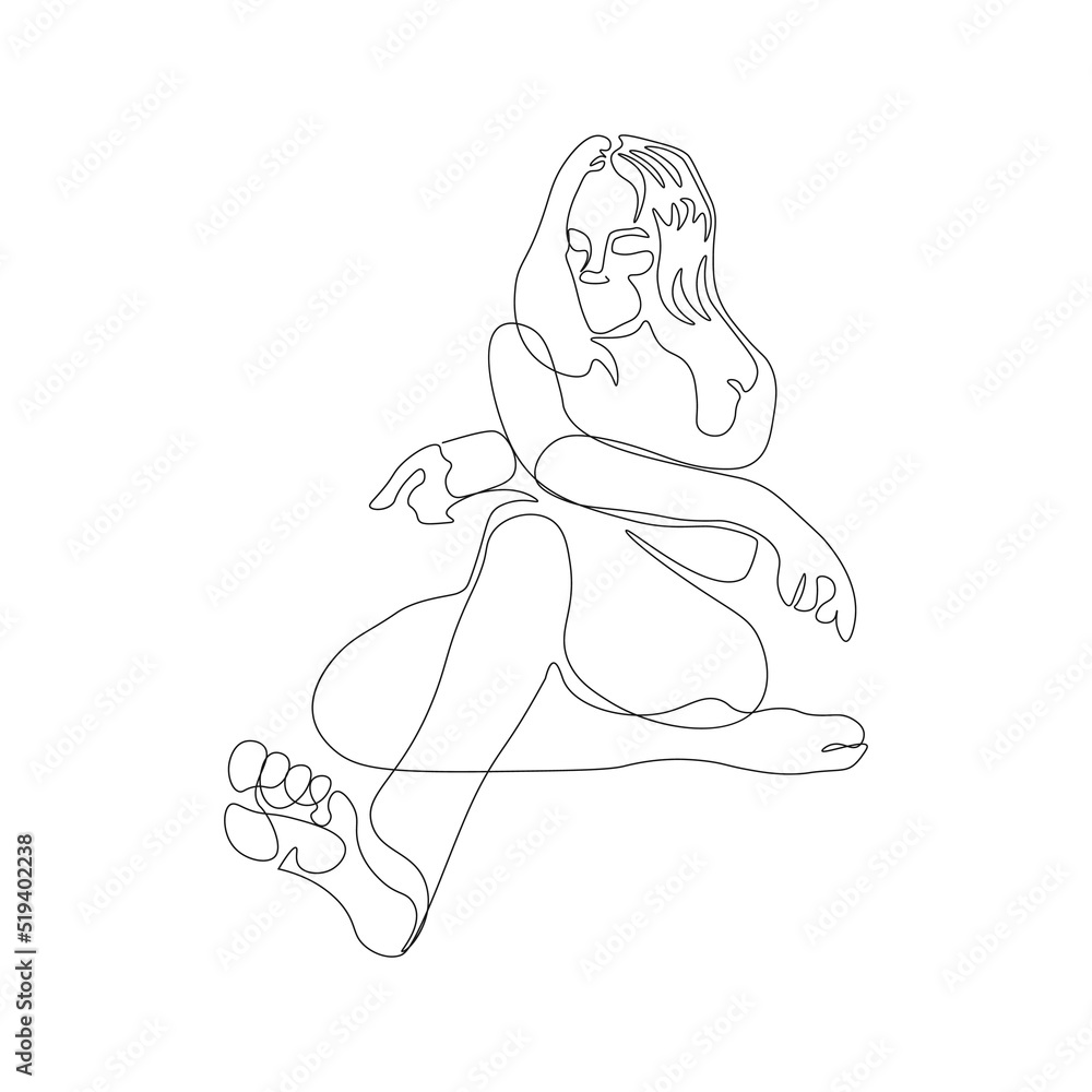 Drawing silhouette of sitting woman isolated on white background. One line art. Can be used like template, poster, beauty card, placard etc. Vector illustration