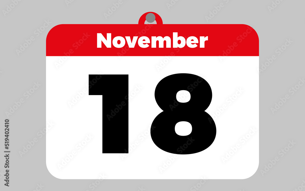 November, 18. White and red calendar. November, 18. White and red calendar.