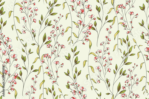 Seamless pattern with delicate outline plants, small flowers on thin branches, leaves, herbs. Romantic botanical print with sketch botany on a white background. Vector illustration.