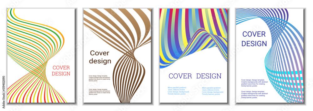 A set of 4 abstract covers. Wavy parallel gradient lines, ribbons evolve. Cover design, background. Trendy banner, poster. A set of 4 abstract covers. Wavy parallel gradient lines, ribbons evolve. Cover design, background. Trendy banner, poster.