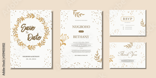 Gold wedding invitation template with hand drawn floral ornament