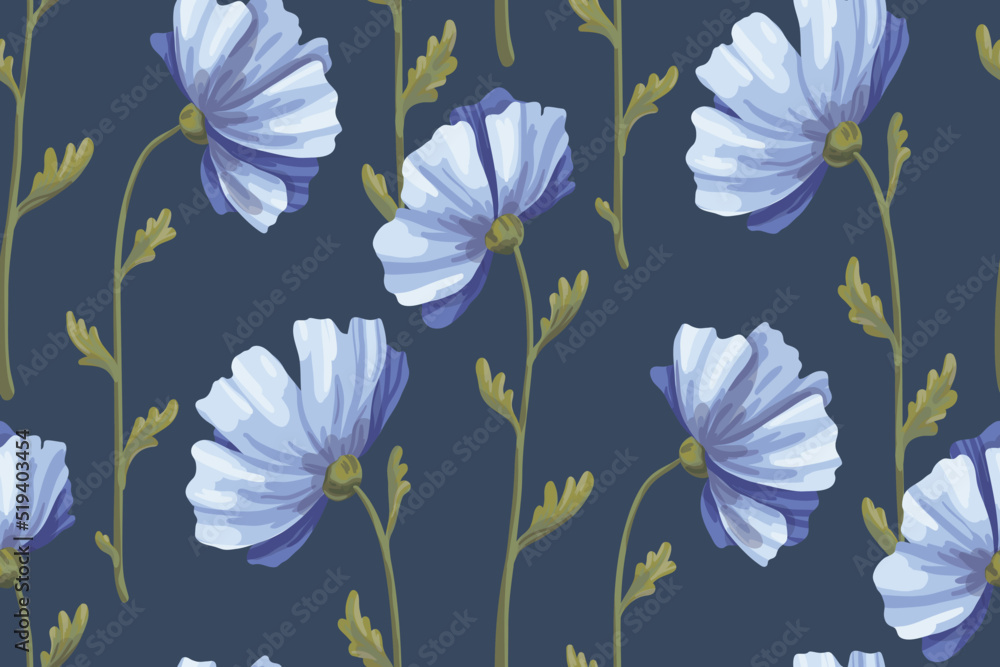 Seamless floral pattern, gentle ditsy print with blue cosmos flowers. Romantic botanical background with a simple composition of hand drawn wild flowers. Vector illustration, watercolor imitation.