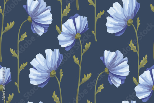 Seamless floral pattern  gentle ditsy print with blue cosmos flowers. Romantic botanical background with a simple composition of hand drawn wild flowers. Vector illustration  watercolor imitation.