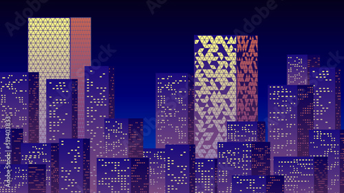 Neon night in the business city with skyscrapers. Purple highrise cityscape background in 80s style with neon lights in the windows.