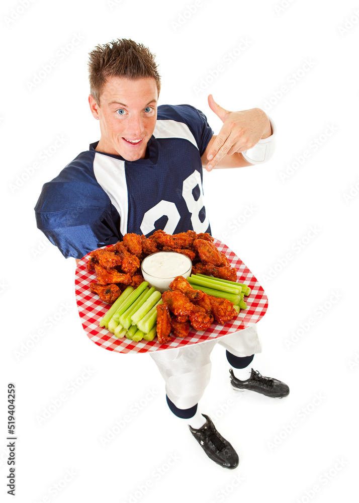 Football: Pointing to Plate of Wings Football: Pointing to Plate of Wings