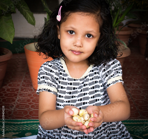 Girl showing homemade roasted healthy foxnut or lotus seeds or makhana for healthy lifestyle of kids. Eat healthy and be strong. selective focus. background blur and dark. photo