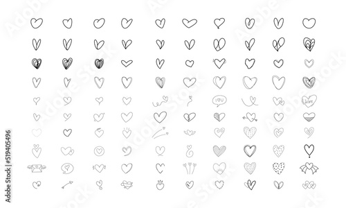 Hearts doodle on a white background. Vector hand drawn outline symbols for love, wedding, Valentine's day or other romantic design. Set of 100 various decorative shapes. Black doodle illustrations.