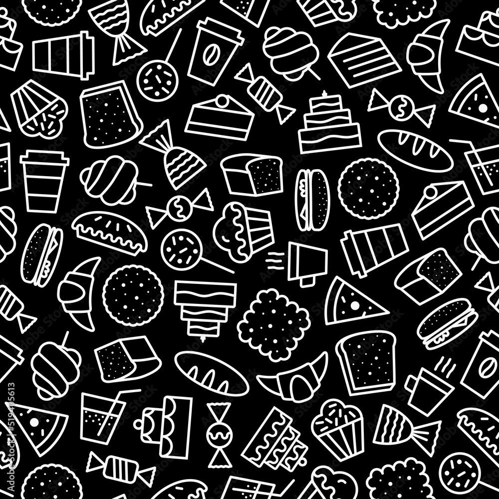 hand drawn pattern with sweet, cupcake and dessert icons outline style black color for cafe, restaurant, bakery shop, packaging wrapping paper. Baked background vector 10 eps hand drawn pattern with sweet, cupcake and dessert icons outline style black color for cafe, restaurant, bakery shop, packaging wrapping paper. Baked background vector 10 eps