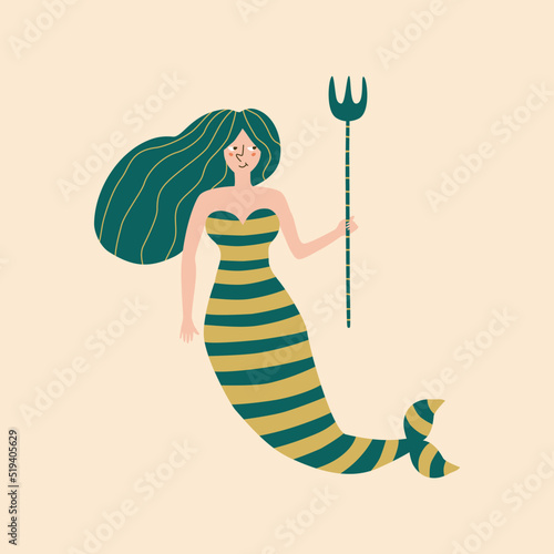 Cute mermaid with green hair and trident hand drawn vector illustration. Isolated cheerful water nymph in flat style for kids logo or icon.