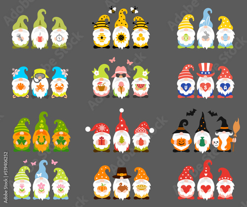 Set of holiday gnomes. Funny designs for all occasions and seasons design. Collection of vector signs, icons and design elements. photo