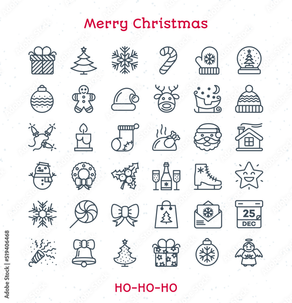 Merry Christmas line icons set black color thin stroke style isolated on white background for your decoration and app design project. Happy New Year. Happy Holiday. Vector Illustration