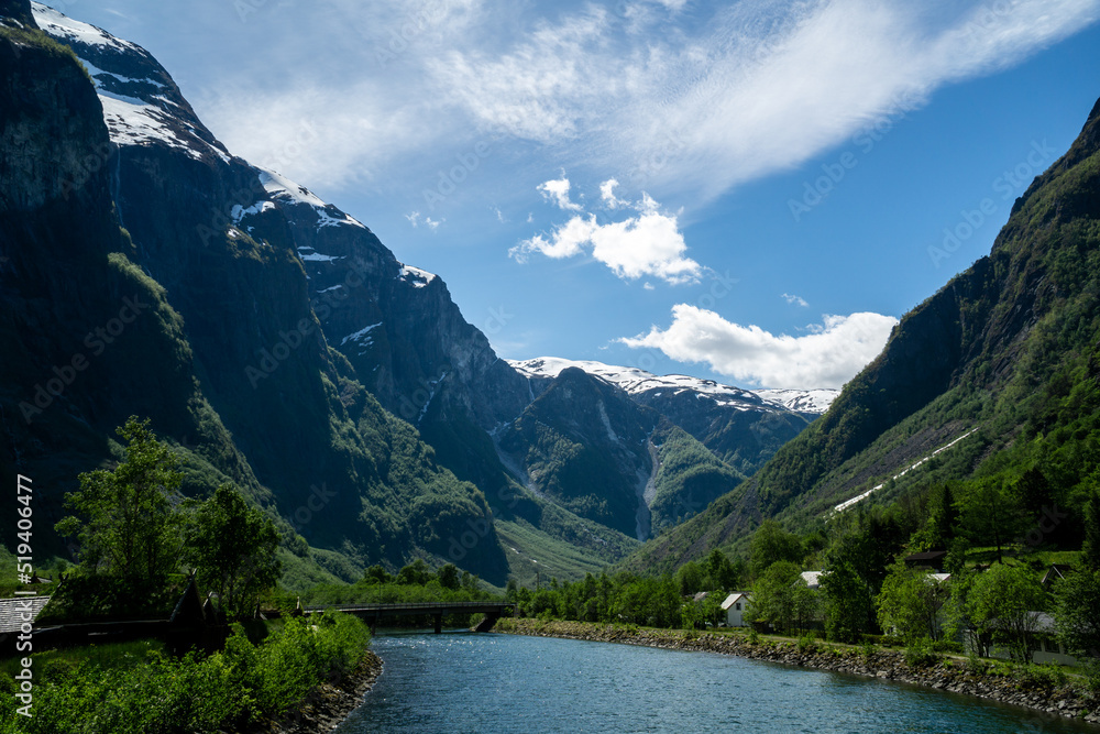 Fjord surrounded by green trees and high mountains in Norway