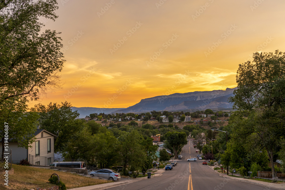 Beautiful sunset over the Rocky Mountains in the town of Rifle, Colorado